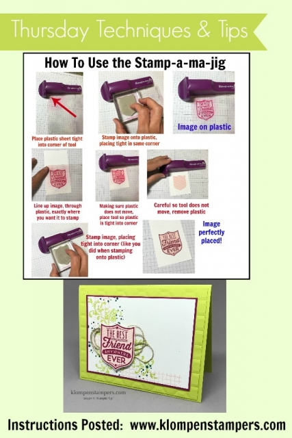 Instructions for using the Stamp-a-ma-jig to get perfectly placed images when stamping. Card made using Badges & Banners from Stampin' Up! and new 2017-2019 In Colors