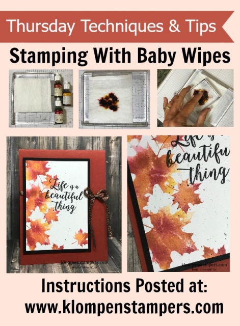 Baby wipes are used in 2 different techniques using Stampin' Up! reinkers and the Colorful Seasons stamp set.