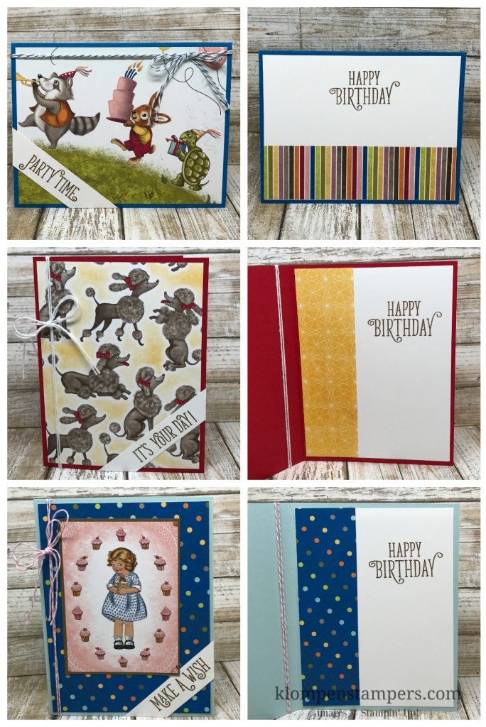 Several different ideas using the Birthday Memories DSP from Stampin' Up! Cutting instructions posted on blog. www.klompenstampers.com