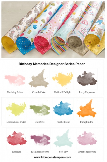 Several different ideas using the Birthday Memories DSP from Stampin' Up! Cutting instructions posted on blog. www.klompenstampers.com