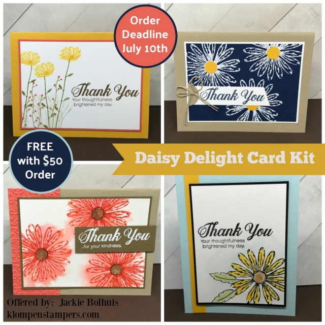 FREE Card Kit with a purchase. Make these 4 fun cards using the Daisy Delight stamp set. All details on klompenstampers.com