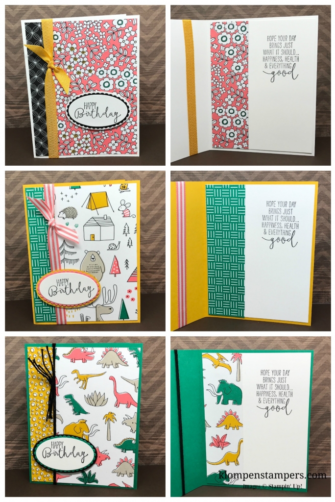Several different ideas using the Pick a Pattern DSP from Stampin' Up! Cutting instructions posted on blog. www.klompenstampers.com