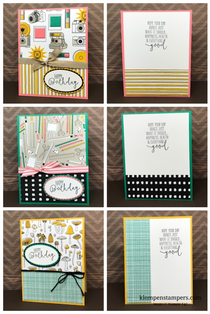 Several different ideas using the Pick a Pattern DSP from Stampin' Up! Cutting instructions posted on blog. www.klompenstampers.com