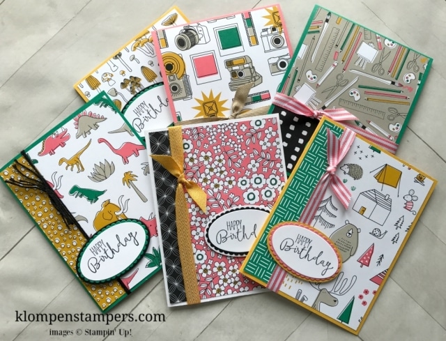 Several different ideas using the Pick a Pattern DSP from Stampin' Up! Cutting instructions posted on blog. www.klompenstampers.com