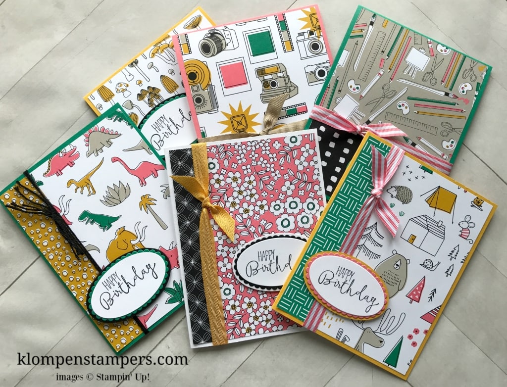 Several different ideas using the Pick a Pattern DSP from Stampin' Up! Cutting instructions posted on blog. www.klompenstampers.com