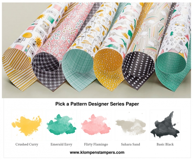 Several different ideas using the Pick a Pattern DSP from Stampin' Up! Cutting instructions posted on blog. www.klompenstampers.com