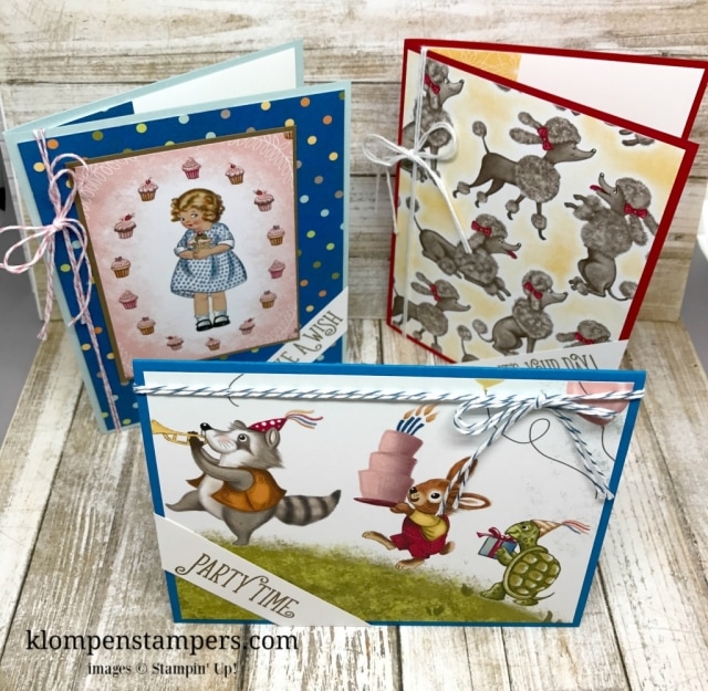 Several different ideas using the Birthday Memories DSP from Stampin' Up! Cutting instructions posted on blog. www.klompenstampers.com