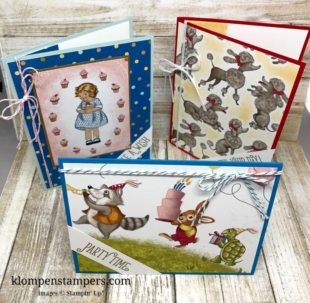 Several different ideas using the Birthday Memories DSP from Stampin' Up! Cutting instructions posted on blog. www.klompenstampers.com