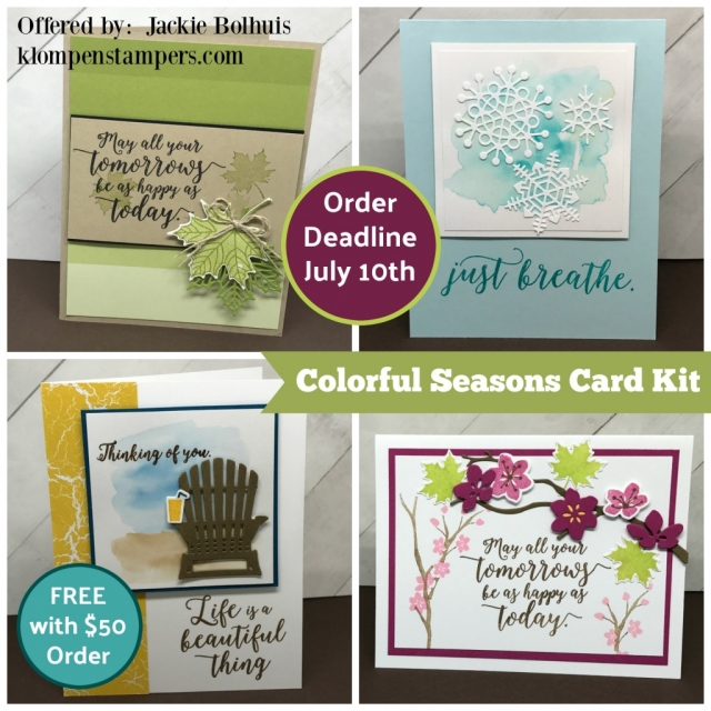 FREE Card Kit with a purchase. Make these 4 fun cards using the Colorful Seasons Bundle. All details on klompenstampers.com