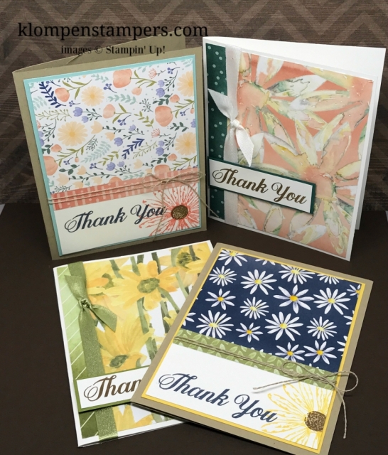 Several different ideas using the Delightful Daisy DSP from Stampin' Up! Cutting instructions posted on blog. www.klompenstampers.com