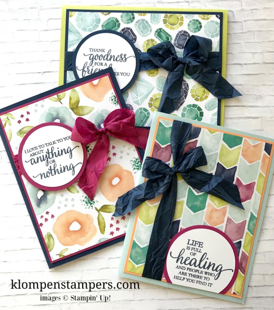 Several different ideas using the Naturally Eclectic DSP from Stampin' Up! Cutting instructions posted on blog. www.klompenstampers.com