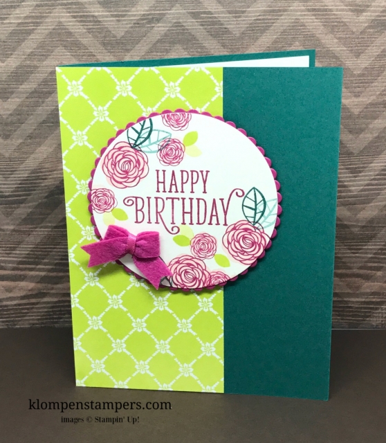 Quick & easy birthday card using Happy Birthday Gorgeous by Stampin' Up! All details and instructions posted. klompenstampers.com