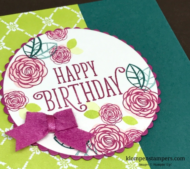 Quick & easy birthday card using Happy Birthday Gorgeous by Stampin' Up! All details and instructions posted. klompenstampers.com