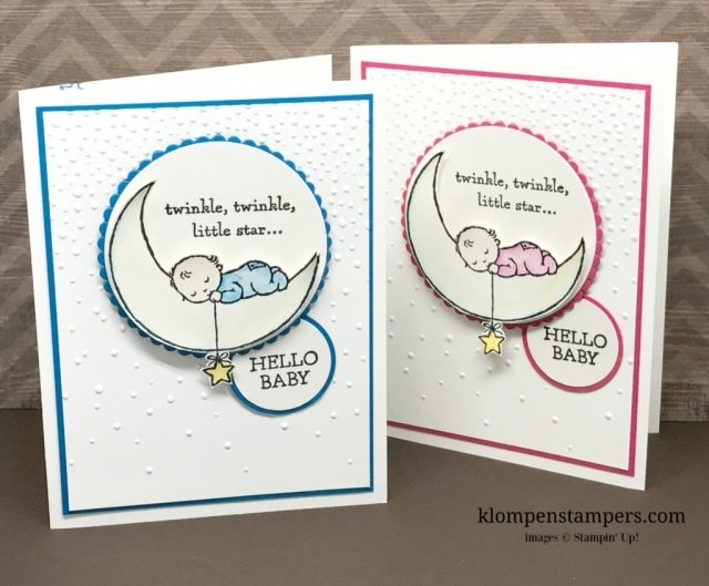 Moon Baby stamp set from Stampin' Up! is perfect for quick and easy baby cards. All details posted at klompenstampers.com