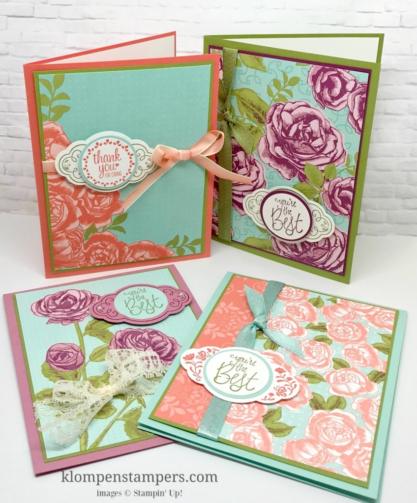 Several different ideas using the Petal Garden DSP from Stampin' Up! Cutting instructions posted on blog.