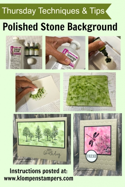 Polished Stone background technique using Stampin' Up! reinkers and Glossy cardstock. Video and step by step instructions posted.