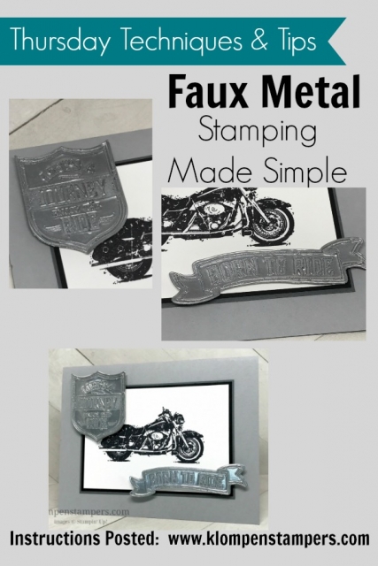 Faux Metal Technique using the One Wild Ride stamp set.  Video & all details posted at klompenstampers.com