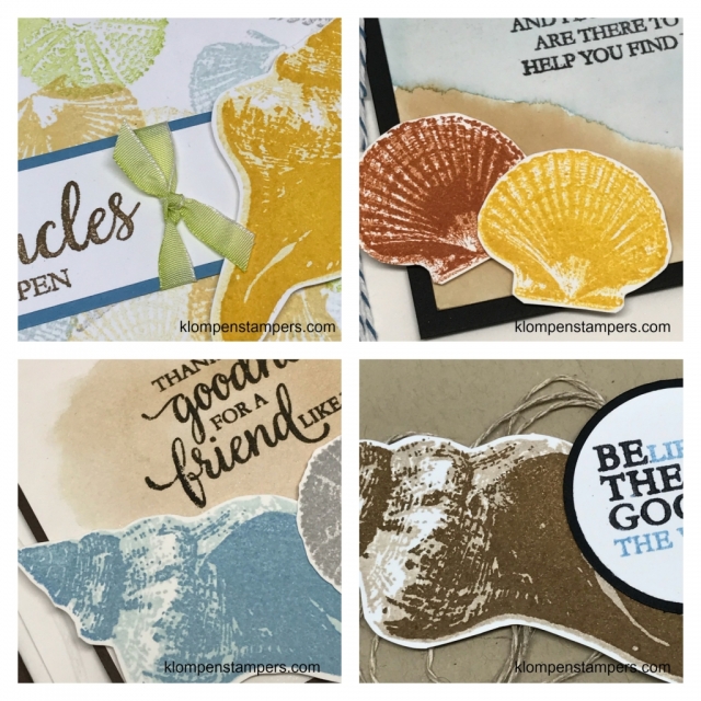 Online stamping class using the So Many Shells stamp set. Complete tutorial and video with tips for making 4 unique cards.