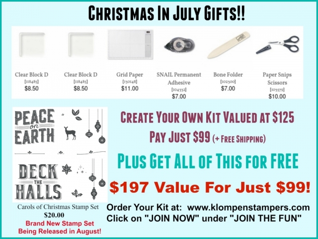 Join Stampin' Up! in July and receive all of these goodies for FREE. Pay just $99 for $197 in products, plus free shipping. Contact me for more details.