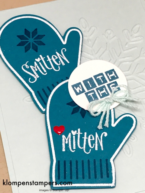 Smitten with the Mitten card made using Stampin' Up! Smitten Mitten stamp set and Many Mittens Framelits. All details & video posted on blog.