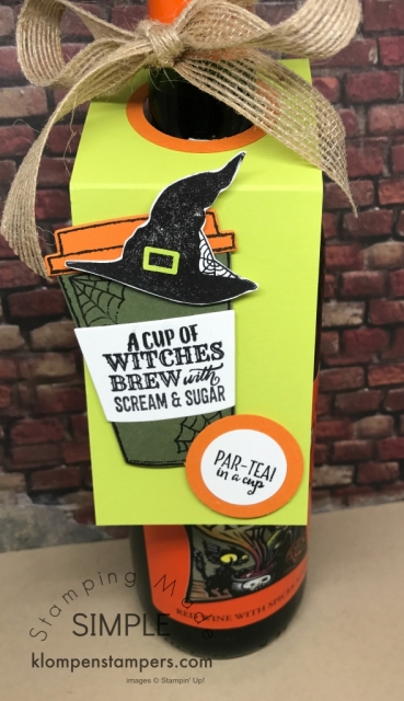 Wine bottle gift tag made using Merry Cafe stamp set. Easy directions posted.