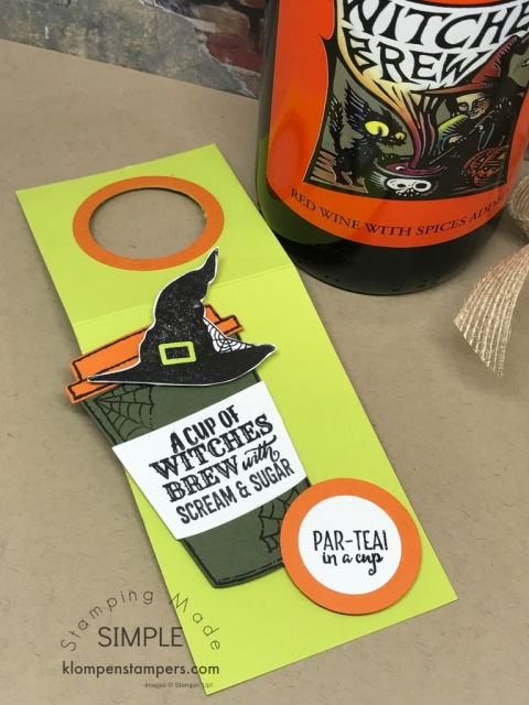 Wine bottle gift tag made using Merry Cafe stamp set. Easy directions posted.