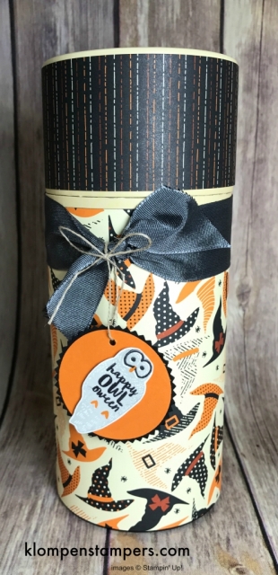 Cover this "tube" boxes using Spooky Night DSP and for great little Halloween Gift Holder.