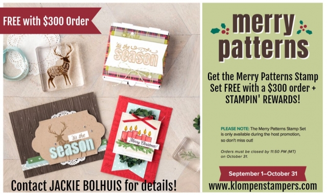 Merry Patterns stamp set from Stampin' Up! is FREE in September with an order. Check out all the details at klompenstampers.com