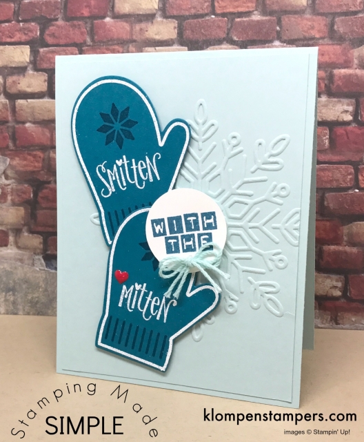 Smitten with the Mitten card made using Stampin' Up! Smitten Mitten stamp set and Many Mittens Framelits. All details & video posted on blog.