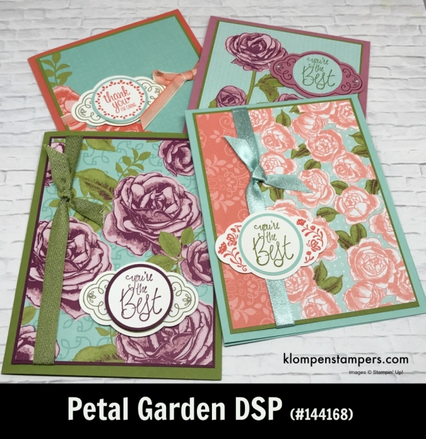 Petal Garden Designer Series Paper (DSP) projects. Instructions posted. DSP helps you make quick and easy cards.