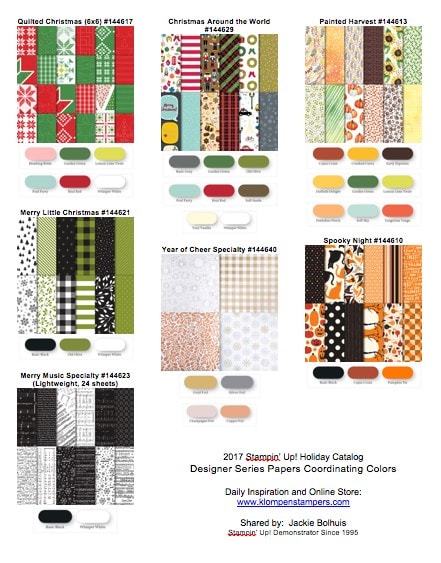 Download and print this chart showing all the coordinating colors for the Designer Series Papers in the 2017 Holiday Stampin' Up! Catalog