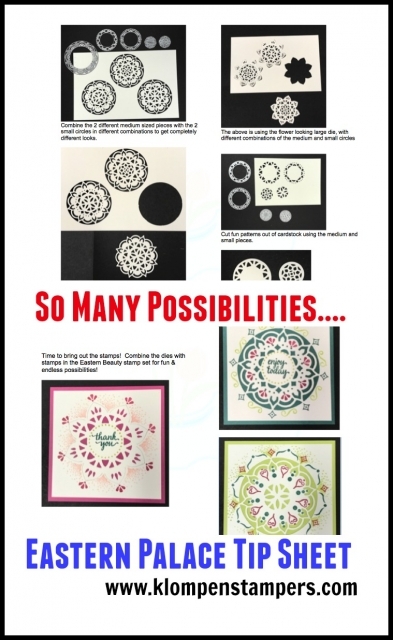 Tip sheet showing all different combinations of using the Eastern Medallion Dies and Eastern Beauty stamp set.