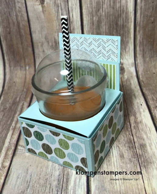 Box to hold coffee candle and coffee gift card using Stampin' Up! Coffee Cafe set. Video and directions posted.