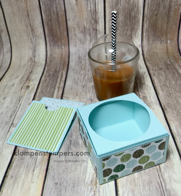 Box to hold coffee candle and coffee gift card using Stampin' Up! Coffee Cafe set. Video and directions posted.