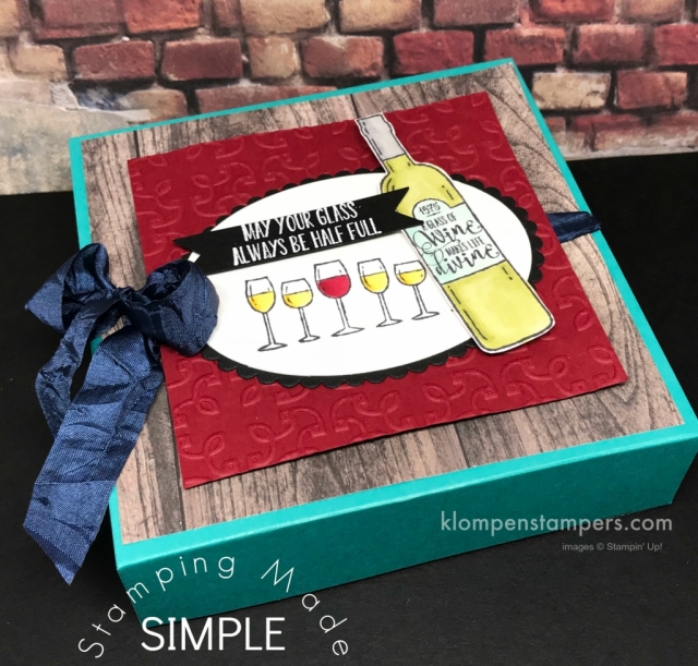 Gift box of cards using Stampin' Up! Half Full. Instructions for making box and envelopes.