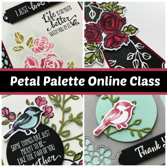 Online stamping class using Petal Palette stamp set bundle in the Occasions Catalog. Step-by-step instructions for 4 projects plus video filled with tips