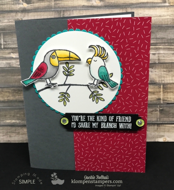 Adorable card using Bird Banter stamp set colored with Stampin' Blends. Super easy and so fun and bold. Details at klompenstampers.com