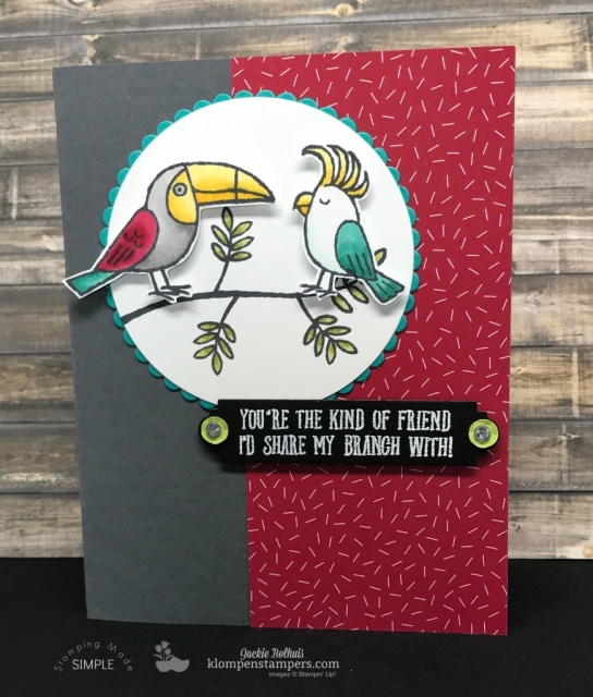 Adorable card using Bird Banter stamp set colored with Stampin' Blends. Super easy and so fun and bold. Details at klompenstampers.com