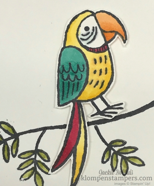 Adorable card using Bird Banter stamp set colored with Stampin' Blends. Super easy and so fun and bold. Details at klompenstampers.com