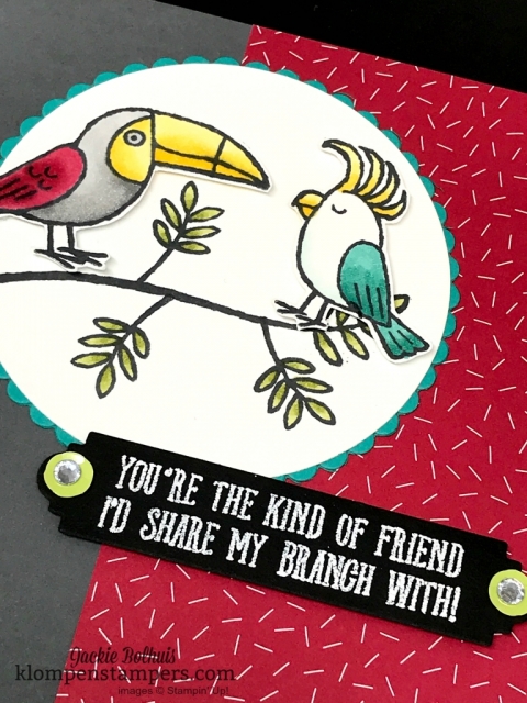 Adorable card using Bird Banter stamp set colored with Stampin' Blends. Super easy and so fun and bold. Details at klompenstampers.com