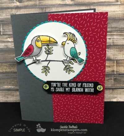 Adorable card using Bird Banter stamp set colored with Stampin' Blends. Super easy and so fun and bold. Details at klompenstampers.com