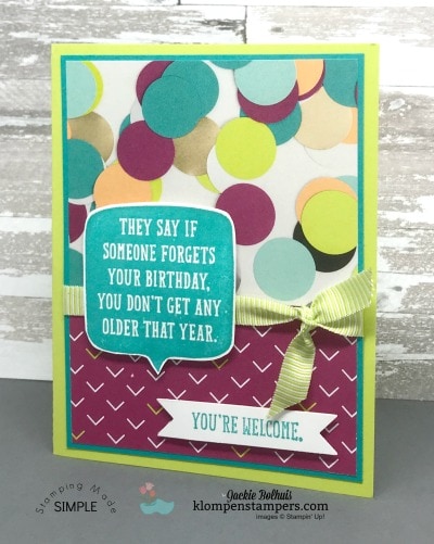 Quick & easy Birthday Card with Birthday Wit stamp set and Picture Perfect DSP. Details at Klompenstampers.com