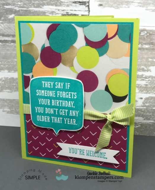 Quick & easy Birthday Card with Birthday Wit stamp set and Picture Perfect DSP. Details at Klompenstampers.com