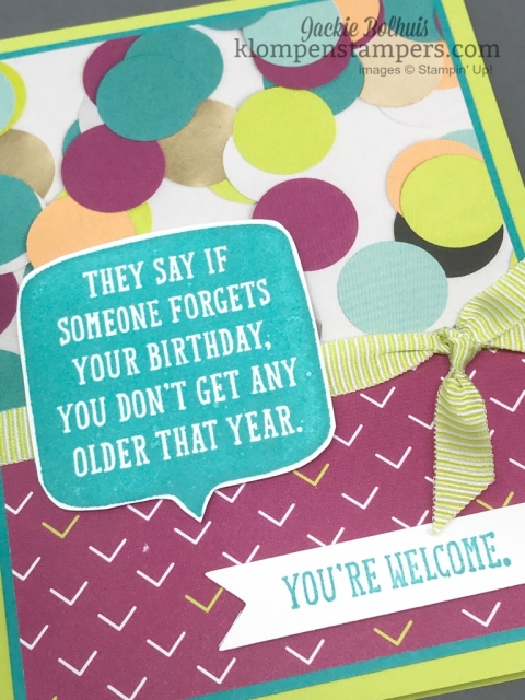 Quick & easy Birthday Card with Birthday Wit stamp set and Picture Perfect DSP. Details at Klompenstampers.com