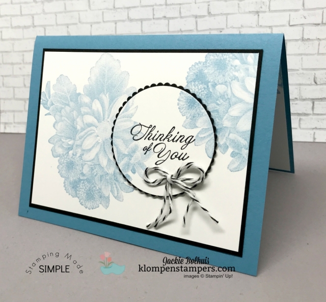 Quick & easy thinking of you card using Heartfelt Blooms stamp set. Details at klompenstampers.com