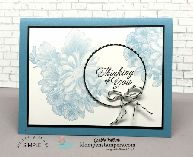 Quick & easy thinking of you card using Heartfelt Blooms stamp set. Details at klompenstampers.com