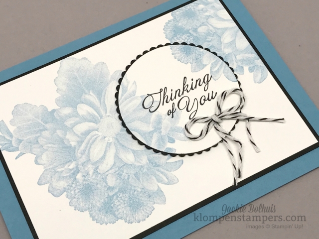 Quick & easy thinking of you card using Heartfelt Blooms stamp set. Details at klompenstampers.com