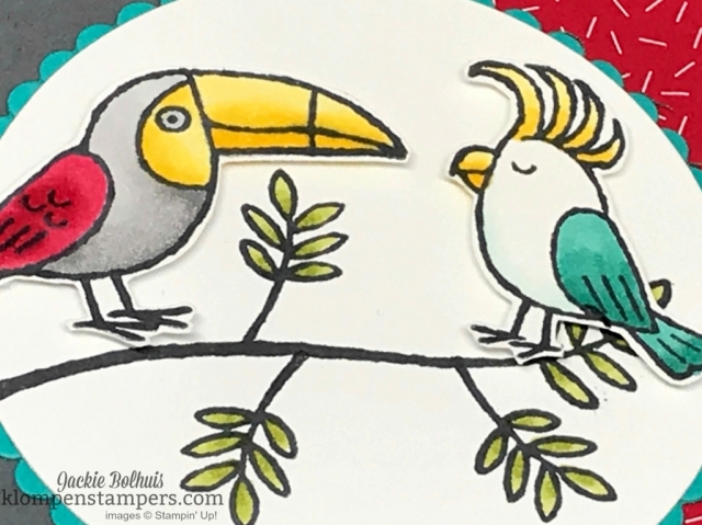 Adorable card using Bird Banter stamp set colored with Stampin' Blends. Super easy and so fun and bold. Details at klompenstampers.com