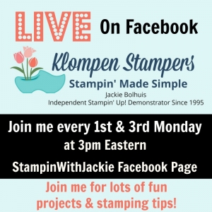 Fun stamping projects LIVE on Facebook the 1st & 3rd Mondays.https://www.facebook.com/Stampinwithjackie/