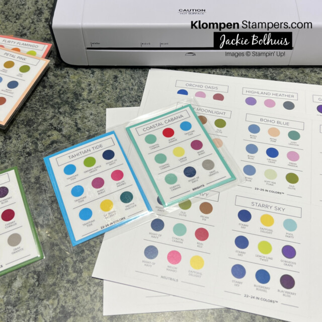 showing how I made the stampin' up! color coach.  Printed sheets laying on table ready to be cut and laminated